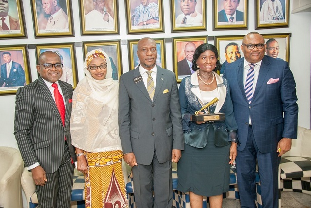 AFRIPRUD_NSE (2): L-R: Mr. Peter Ashade, Managing Director/CEO, Africa Prudential Plc; Ammuna Lawan Ali, Non-Executive Director (Independent), Africa Prudential Plc; Mr. Oscar Onyema, CEO, Nigerian Stock Exchange; Chief (Mrs.) Eniola Fadayomi, Chairman; and Mr. Peter Elumelu, Non-Executive Director, Africa Prudential Plc at the Closing Gong Ceremony held at the Exchange in Lagos, recently.