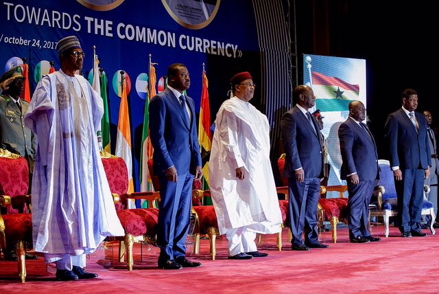 L-R: President Muhammadu Buhari, President of Togo, Faure Gnassingbe;President of Niger, Mahamadou Issoufou; Ivory Coast President, Alassane Ouattara; and President of Ghana, Nana Akufo Ado, at the Economic Community of West African States summit on the creation of ECOWAS single currency in Niamey, Niger Republic... on Tuesday. Photo: State House